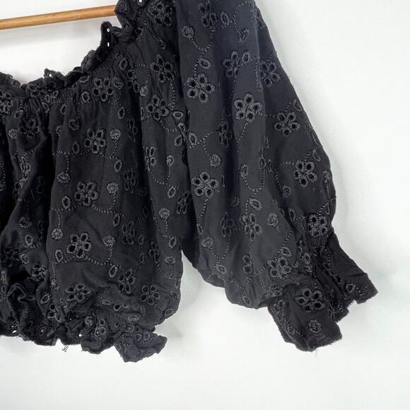 Surf Gypsy Black Floral Eyelet Ruffle Puff Sleeve  Crop Top M - Picture 4 of 12